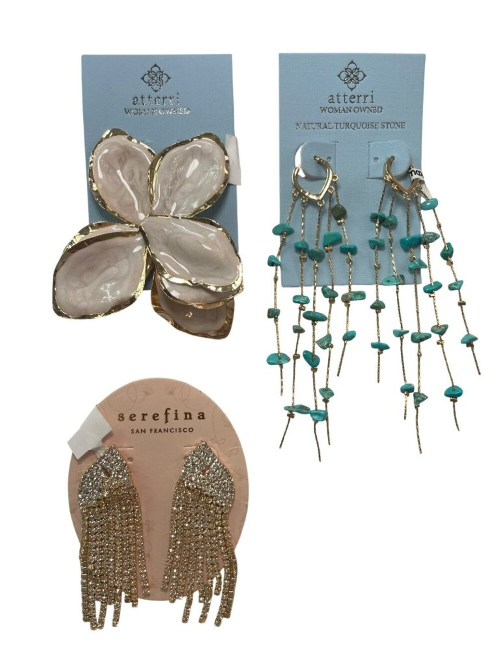 Atterri & Serefina Earrings LOT-OF-3-PAIR Rhinestone Shell Turquoise Gold NWT